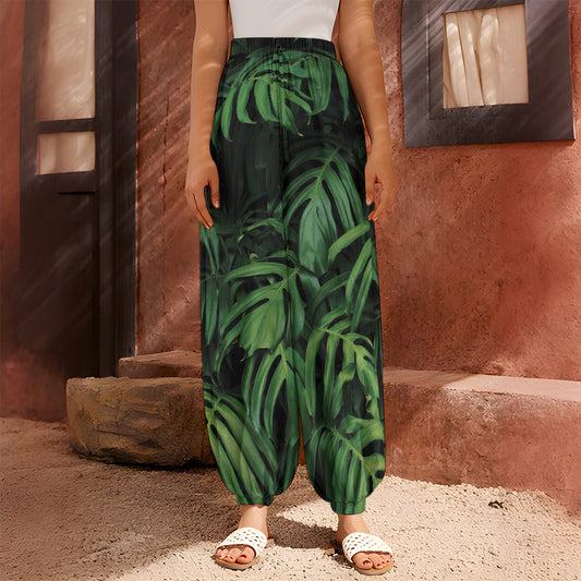 Green Monstera Leaf Print Harem Pants