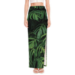 Green Monstera Leaf Print High Slit Maxi Skirt