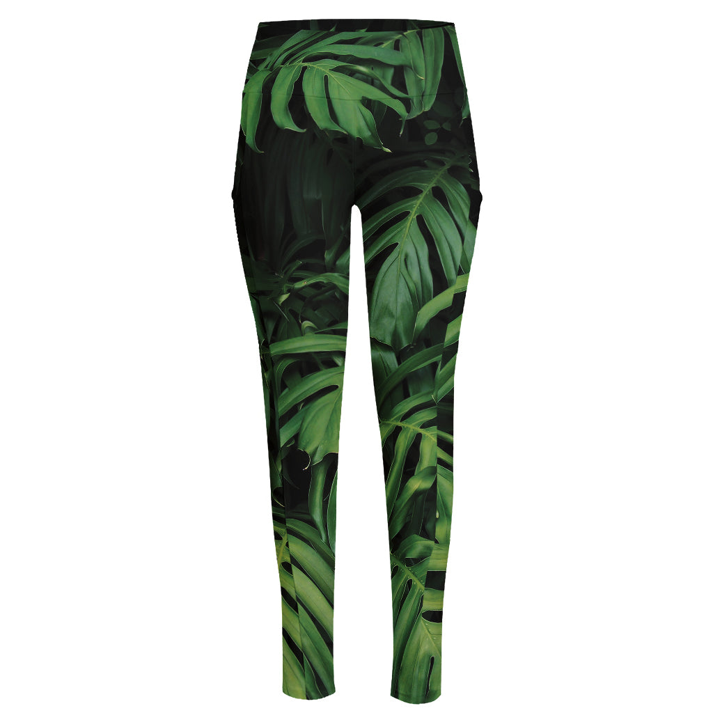 Green Monstera Leaf Print High-Waisted Pocket Leggings