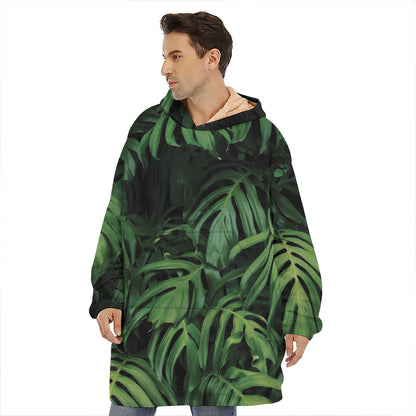 Green Monstera Leaf Print Hoodie Blanket