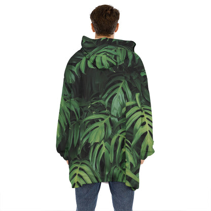 Green Monstera Leaf Print Hoodie Blanket
