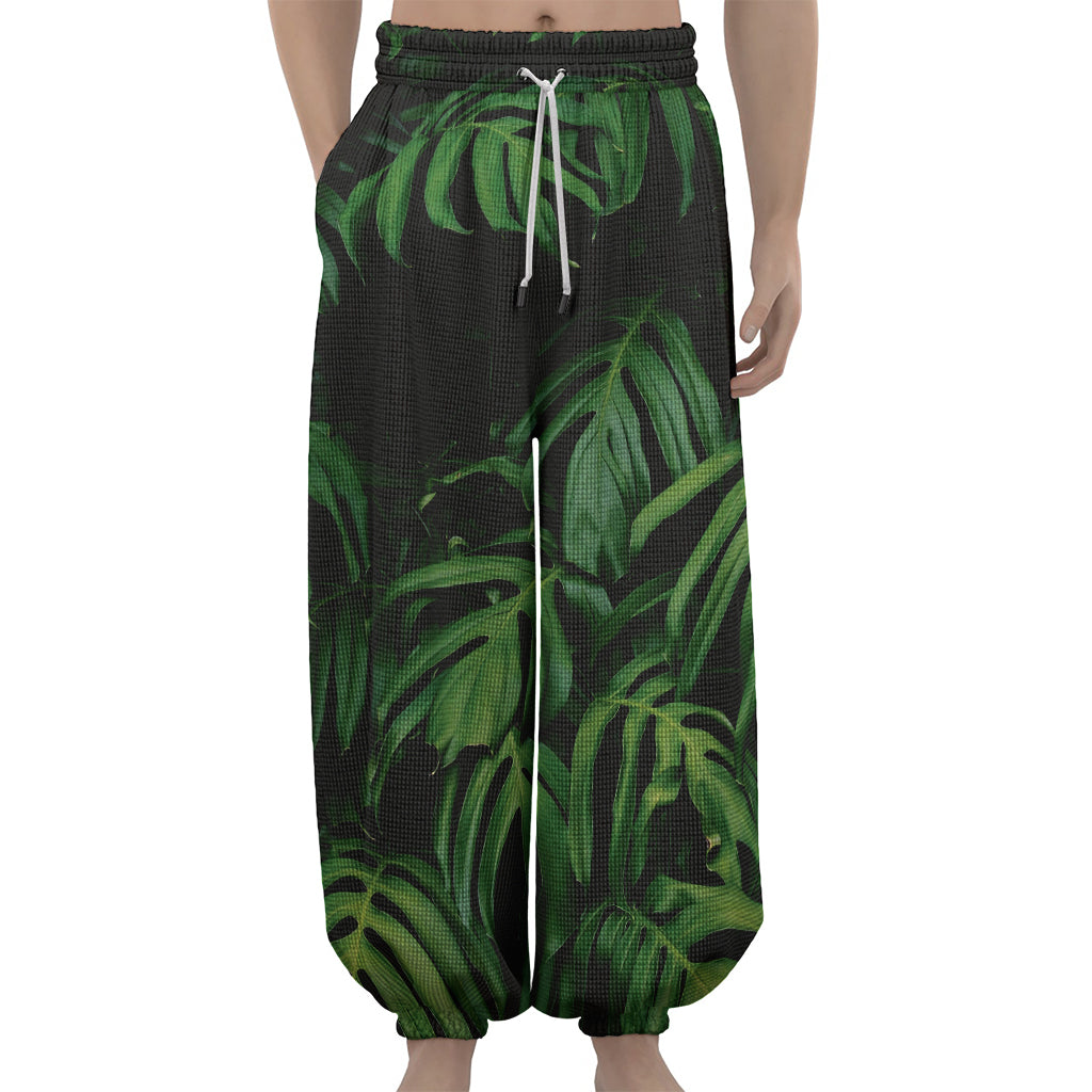 Green Monstera Leaf Print Lantern Pants
