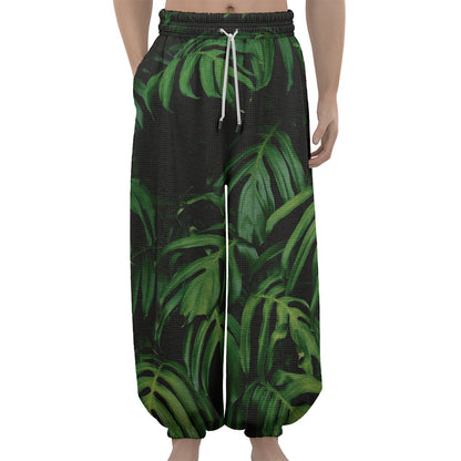 Green Monstera Leaf Print Lantern Pants