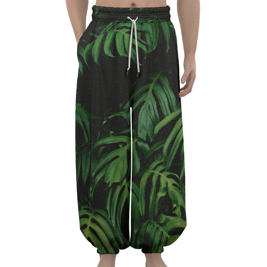 Green Monstera Leaf Print Lantern Pants