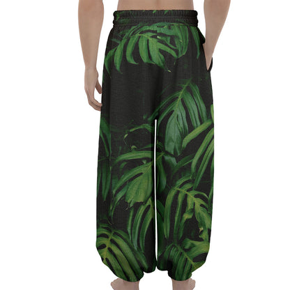 Green Monstera Leaf Print Lantern Pants