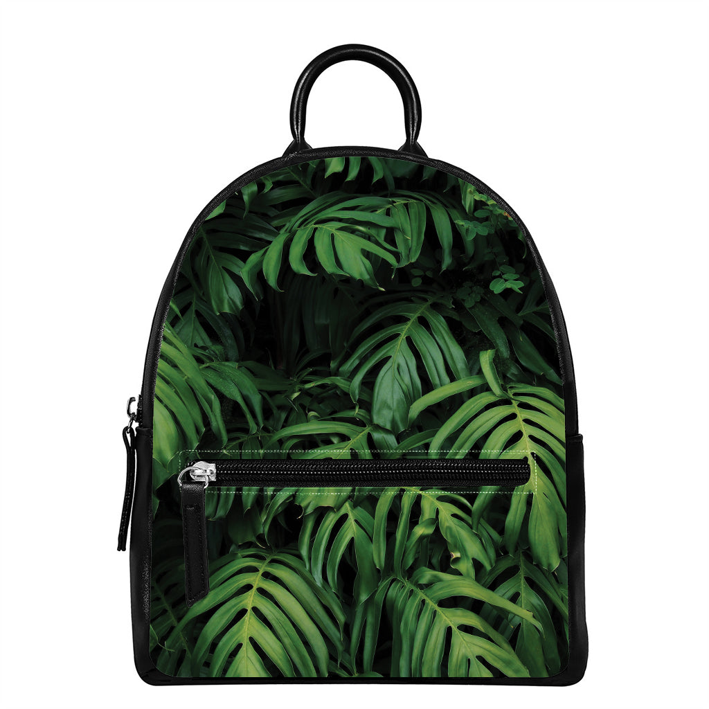 Green Monstera Leaf Print Leather Backpack