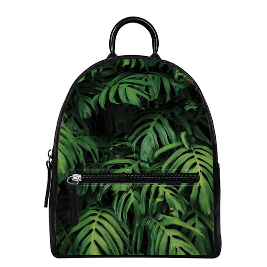 Green Monstera Leaf Print Leather Backpack