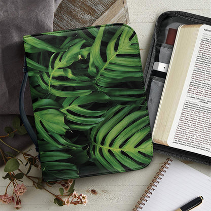Green Monstera Leaf Print Leather Bible Cover