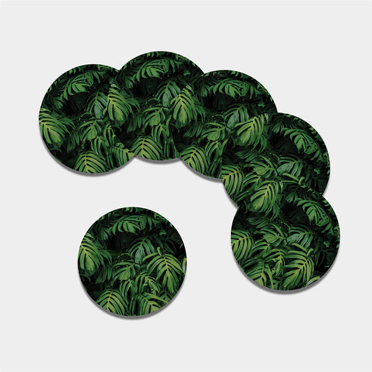 Green Monstera Leaf Print Leather Coaster Set
