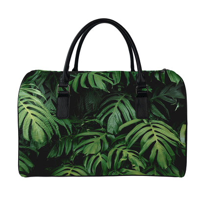 Green Monstera Leaf Print Leather Duffle Bag