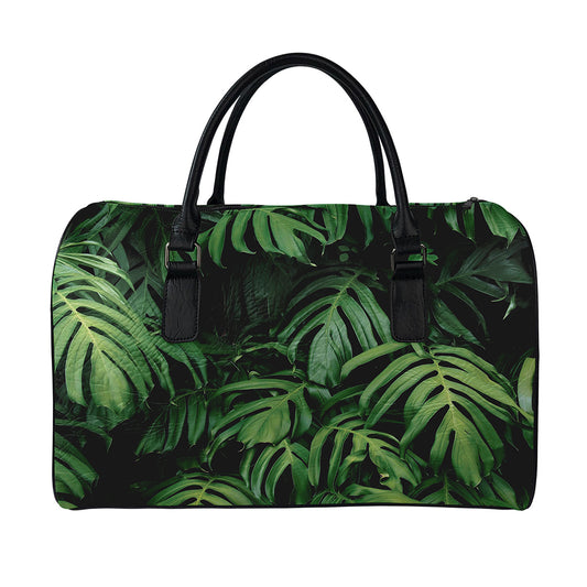 Green Monstera Leaf Print Leather Duffle Bag