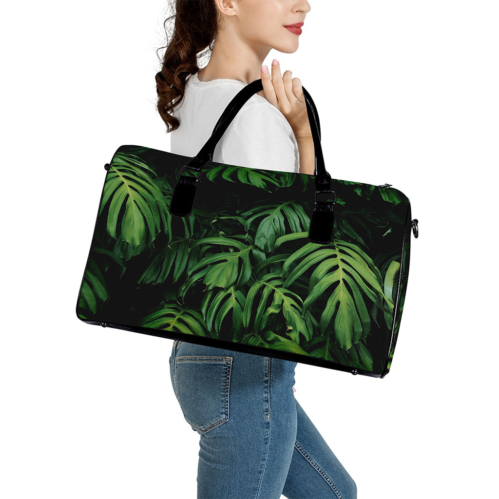 Green Monstera Leaf Print Leather Duffle Bag
