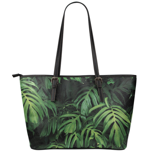 Green Monstera Leaf Print Leather Tote Bag