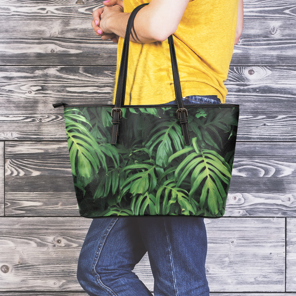 Green Monstera Leaf Print Leather Tote Bag