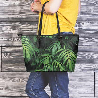 Green Monstera Leaf Print Leather Tote Bag