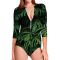 Green Monstera Leaf Print Long Sleeve Swimsuit