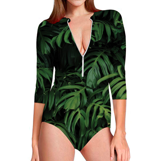 Green Monstera Leaf Print Long Sleeve Swimsuit