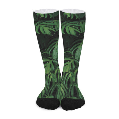 Green Monstera Leaf Print Long Socks
