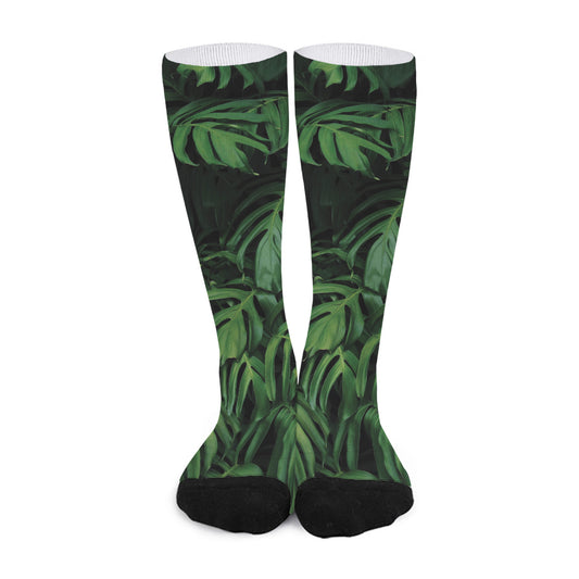 Green Monstera Leaf Print Long Socks