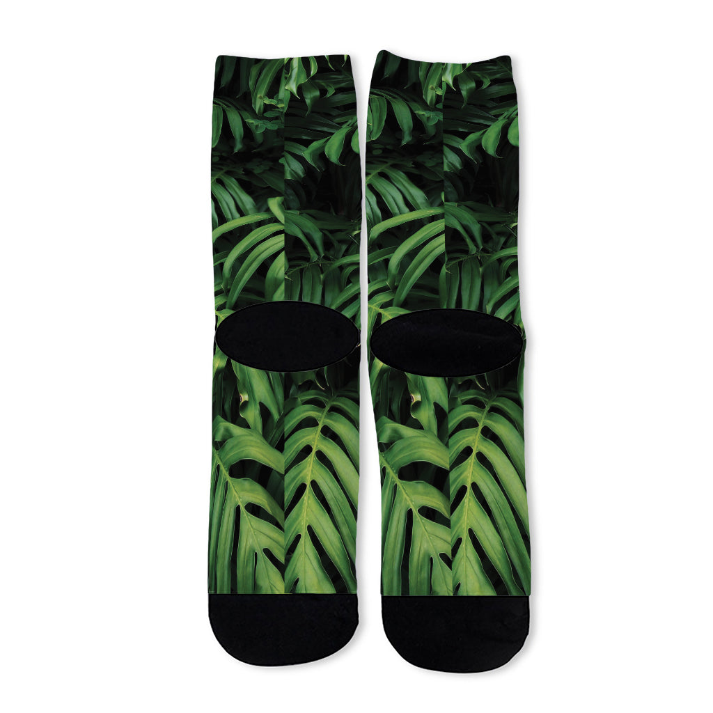 Green Monstera Leaf Print Long Socks