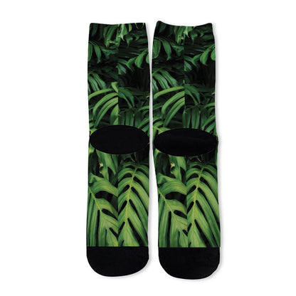 Green Monstera Leaf Print Long Socks