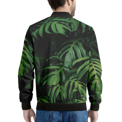 Green Monstera Leaf Print Men's Bomber Jacket