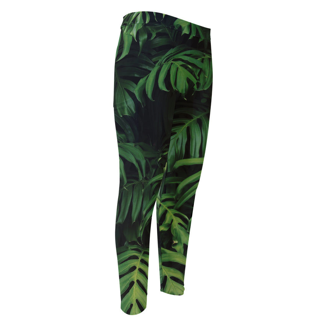 Green Monstera Leaf Print Men's Compression Pants