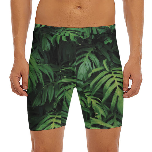 Green Monstera Leaf Print Men's Long Boxer Briefs