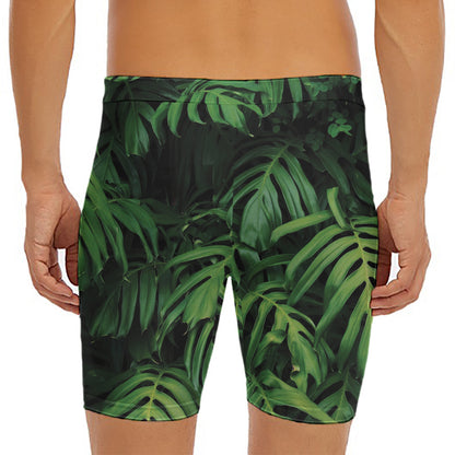 Green Monstera Leaf Print Men's Long Boxer Briefs