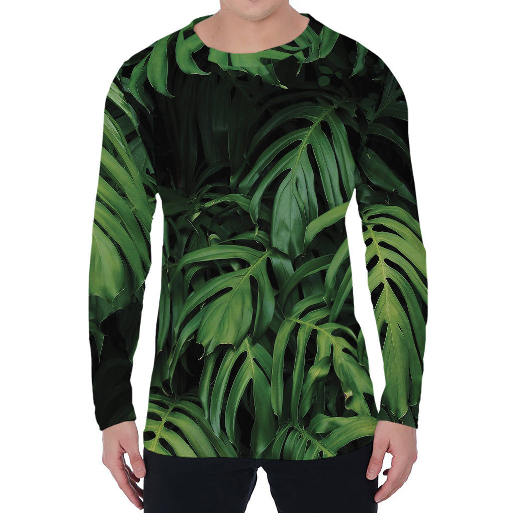 Green Monstera Leaf Print Men's Long Sleeve T-Shirt