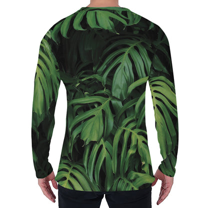 Green Monstera Leaf Print Men's Long Sleeve T-Shirt