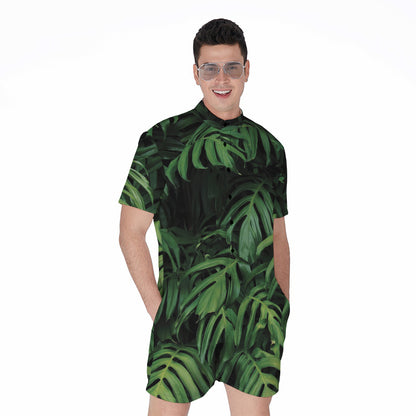 Green Monstera Leaf Print Men's Rompers