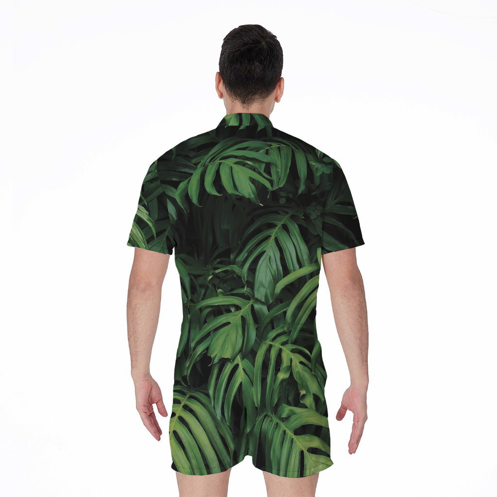 Green Monstera Leaf Print Men's Rompers