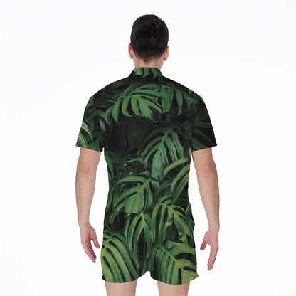 Green Monstera Leaf Print Men's Rompers