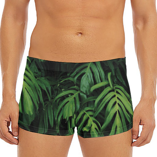 Green Monstera Leaf Print Men's Short Boxer Briefs