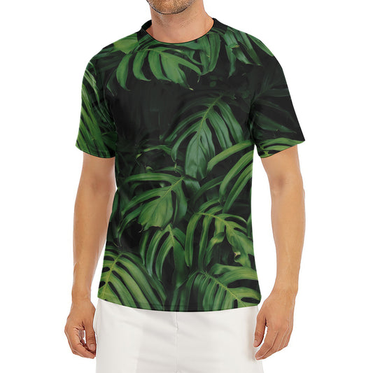 Green Monstera Leaf Print Men's Short Sleeve Rash Guard