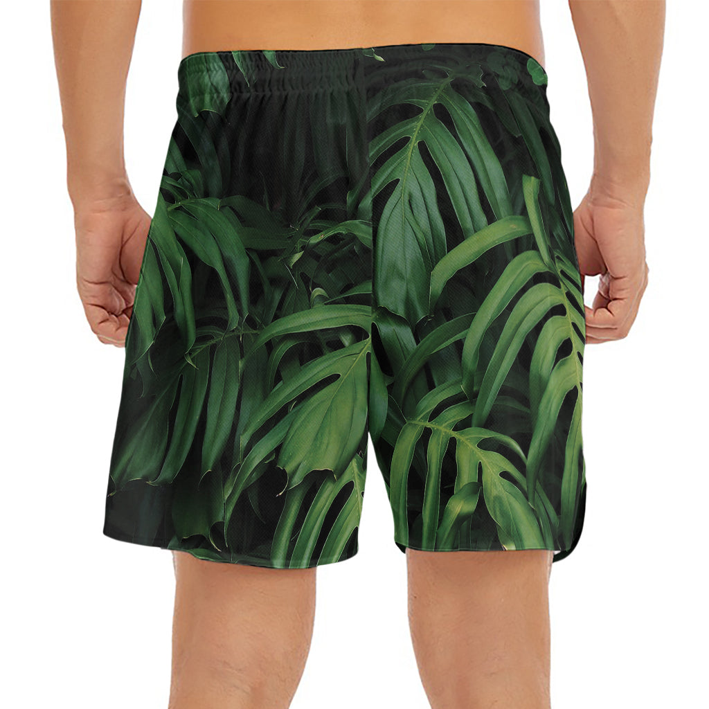 Green Monstera Leaf Print Men's Split Running Shorts