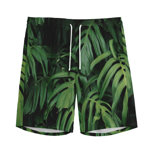 Green Monstera Leaf Print Men's Sports Shorts