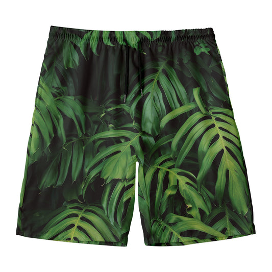 Green Monstera Leaf Print Men's Swim Trunks