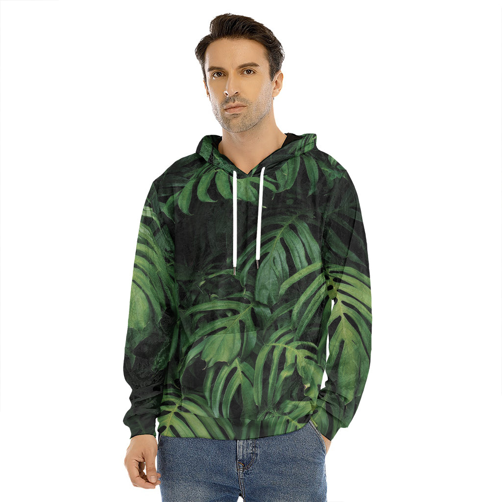 Green Monstera Leaf Print Men's Velvet Pullover Hoodie