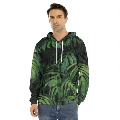 Green Monstera Leaf Print Men's Velvet Pullover Hoodie