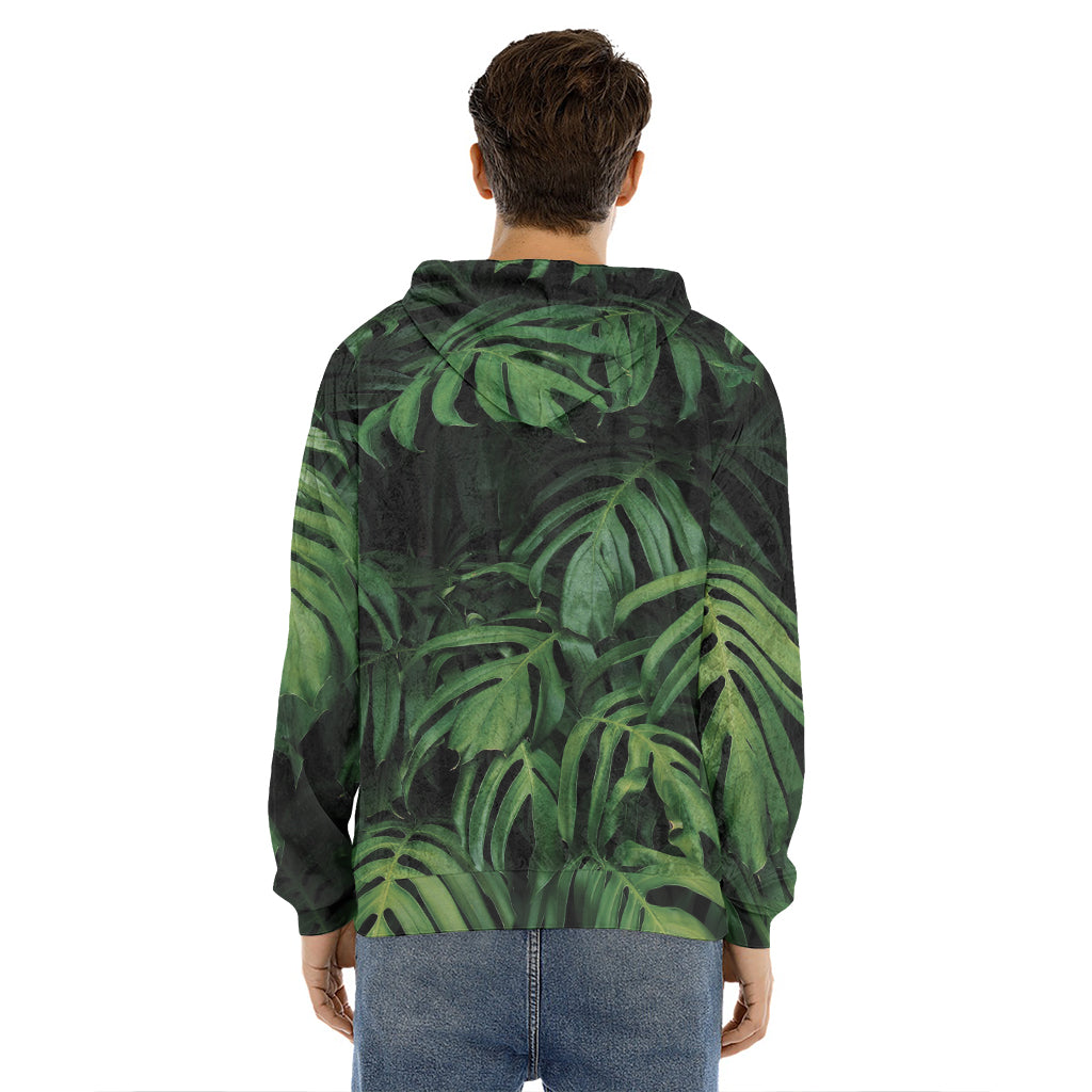 Green Monstera Leaf Print Men's Velvet Pullover Hoodie