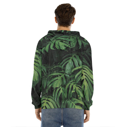 Green Monstera Leaf Print Men's Velvet Pullover Hoodie