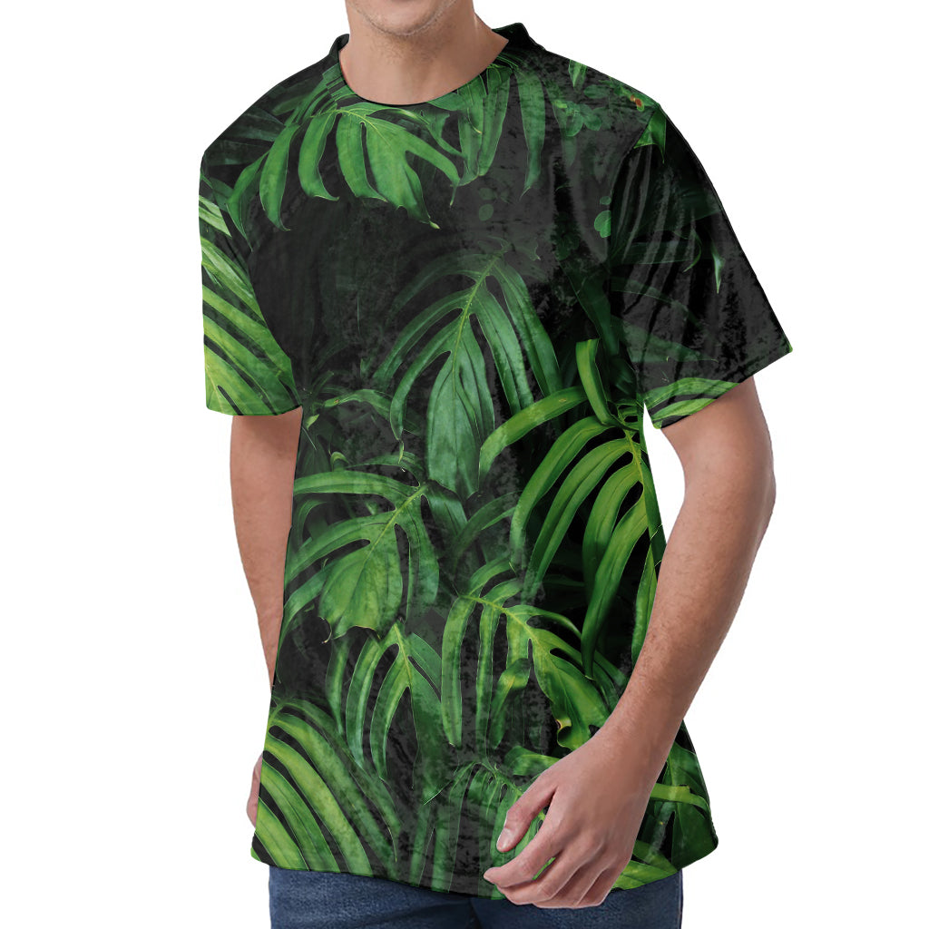 Green Monstera Leaf Print Men's Velvet T-Shirt