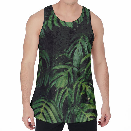 Green Monstera Leaf Print Men's Velvet Tank Top