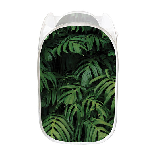 Green Monstera Leaf Print Mesh Laundry Hamper