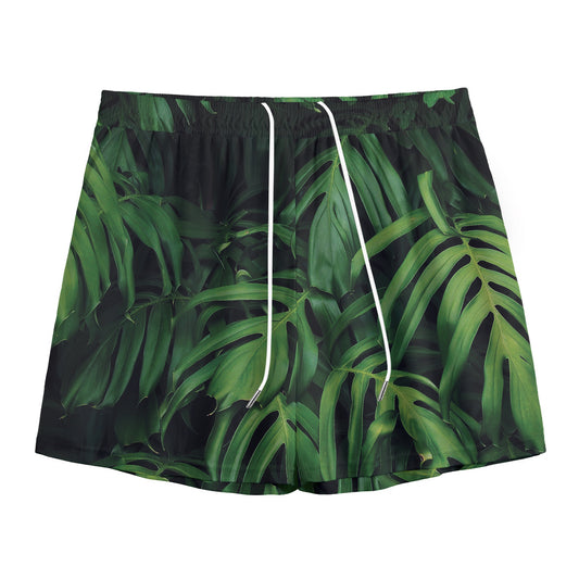 Green Monstera Leaf Print Mesh Shorts
