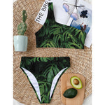 Green Monstera Leaf Print One Shoulder Bikini Top