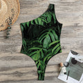 Green Monstera Leaf Print One Shoulder Bodysuit