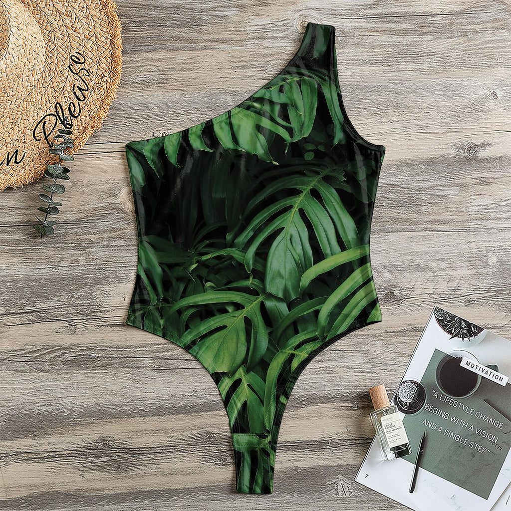 Green Monstera Leaf Print One Shoulder Bodysuit